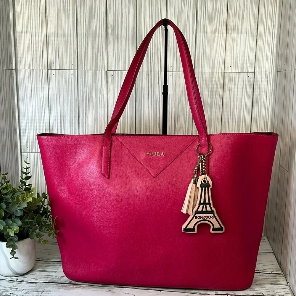 FURLA  Pink Leather Tote Bag with Eiffel Tower Charm Leopard Print Interior